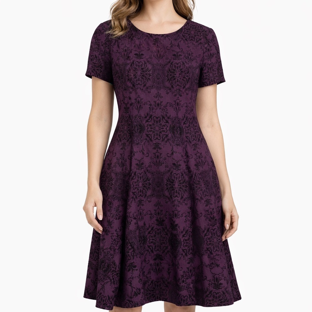 Vince Camuto Burgundy and Black Damask Dress